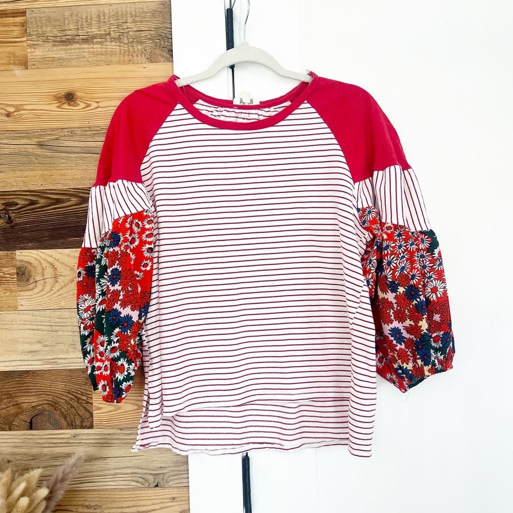 Umgee Cottagecore Patchwork Mixed Striped Floral Balloon Sleeve Top - Picture 4 of 6
